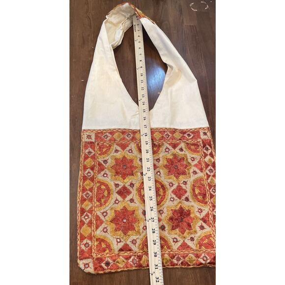 World Market Boho Ivory Orange Large Shoulder Tote Bag Embroidered Embellished - Picture 6 of 9